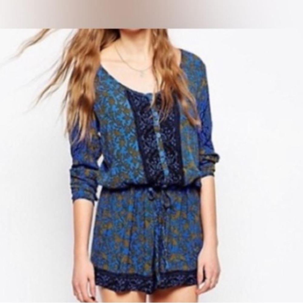 Free People Blue Resort Mix Print Boho Long Sleeve Romper blue and Olive, XS